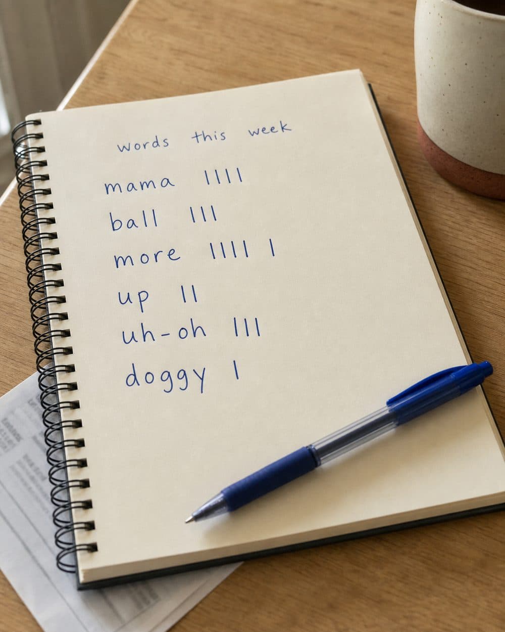 A notebook page listing a toddler’s words with tally marks beside each one